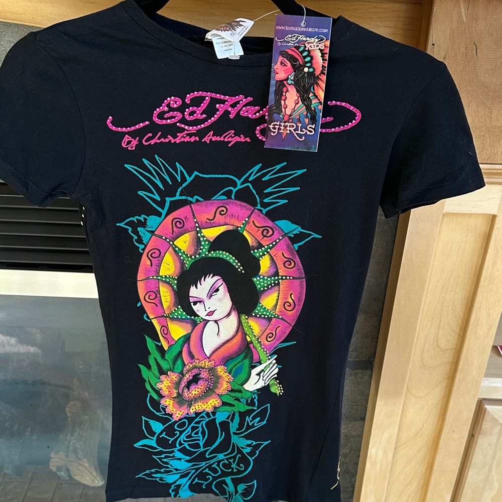 NWT Girls Ed Hardy Black Tee with Colorful Graphic Medium